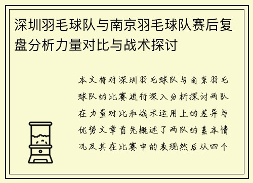 深圳羽毛球队与南京羽毛球队赛后复盘分析力量对比与战术探讨