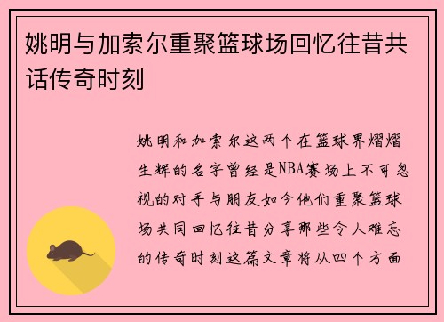 姚明与加索尔重聚篮球场回忆往昔共话传奇时刻